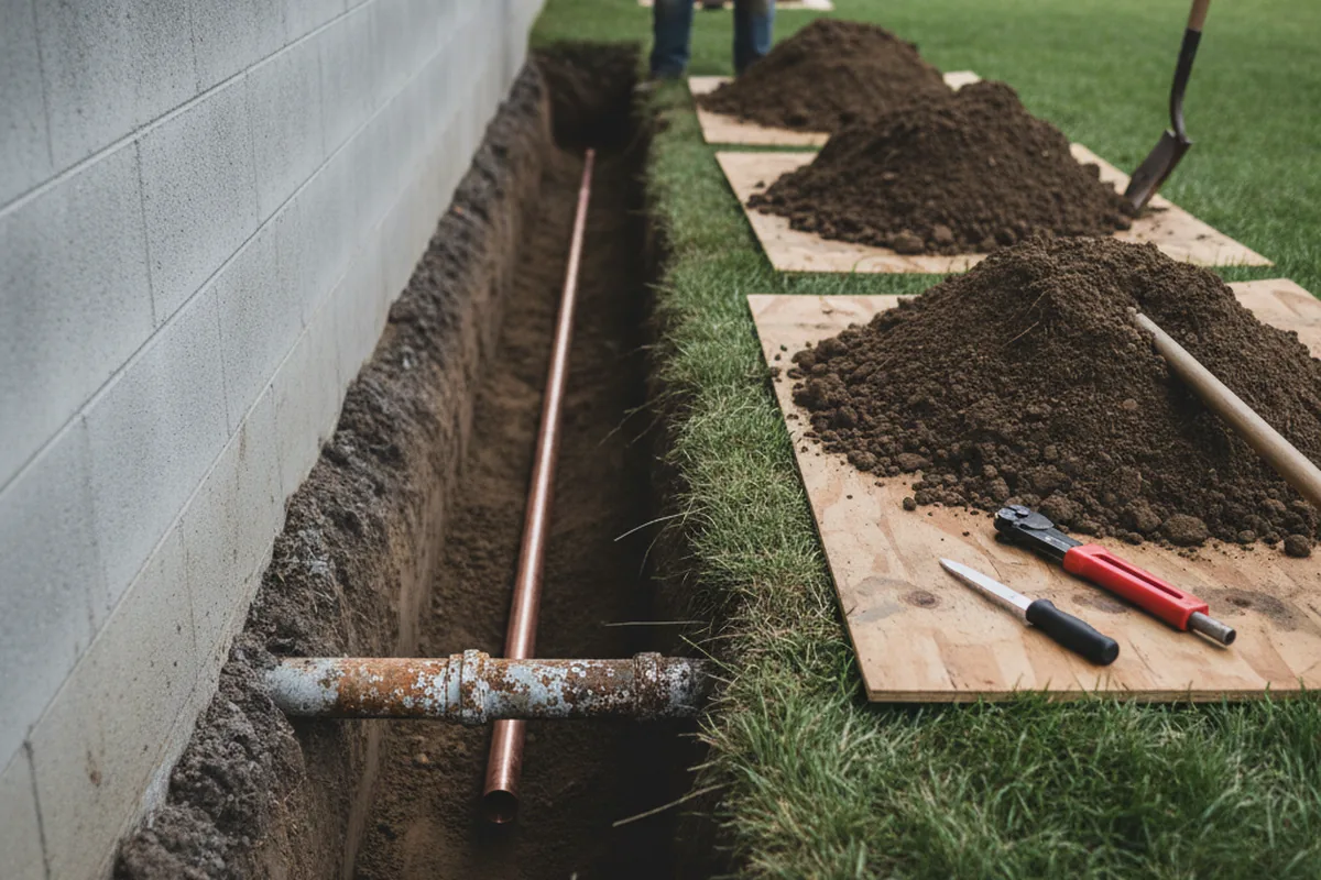 Excavated water line trench during Water Softener Installation in Andreas